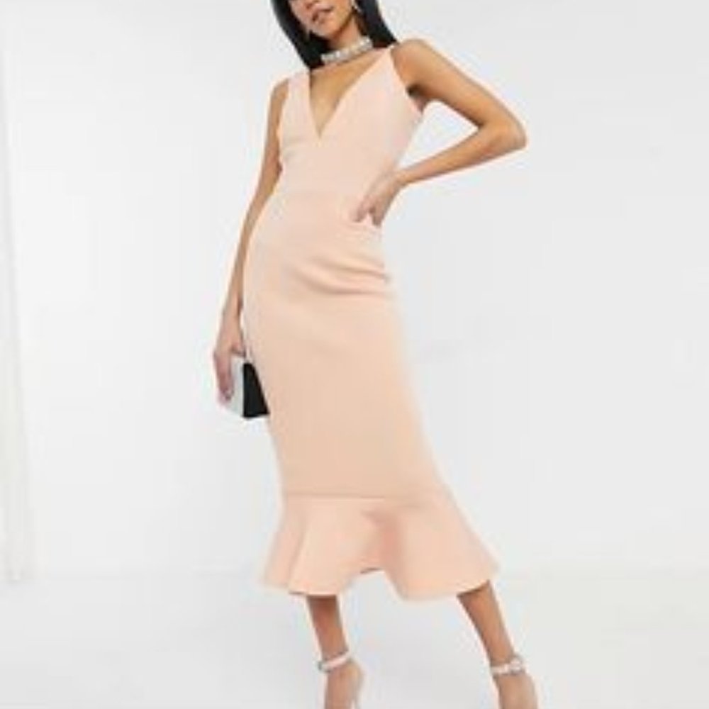 [TALL]  Misguided Plunge Asymmetrical Midi Scuba Dress w Ruffle, Blush